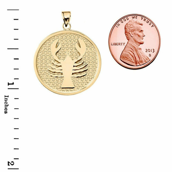14K Solid Gold Cancer Zodiac Sign Disc Round Pendant Necklace