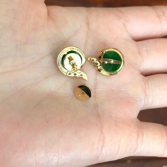 14K Solid Yellow Gold Round Green Jade Stud Earrings - E111