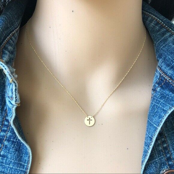 14K Solid Gold Mini Disk Cut Out Cross Religious Dainty Necklace - Minimalist
