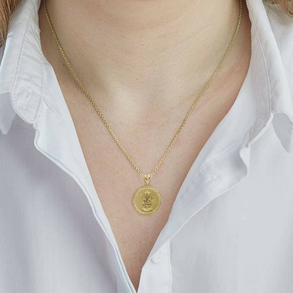 14K Solid Gold Lord Ganesha Hindu Coin Pendant Necklace -Yellow, Rose, or White