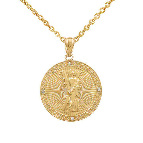 10k Yellow Gold Saint Andrew of Assisi Medallion Diamond Small Pendant Necklace