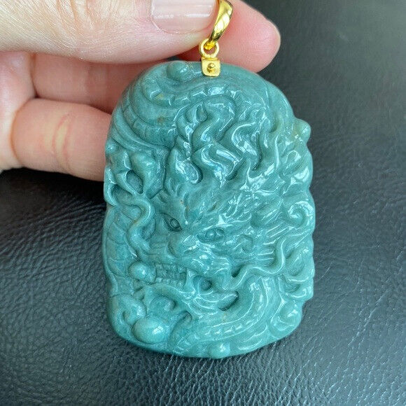14K Solid Real Yellow Gold Carved Dragon Natural Jade Pendant Green Men Carving