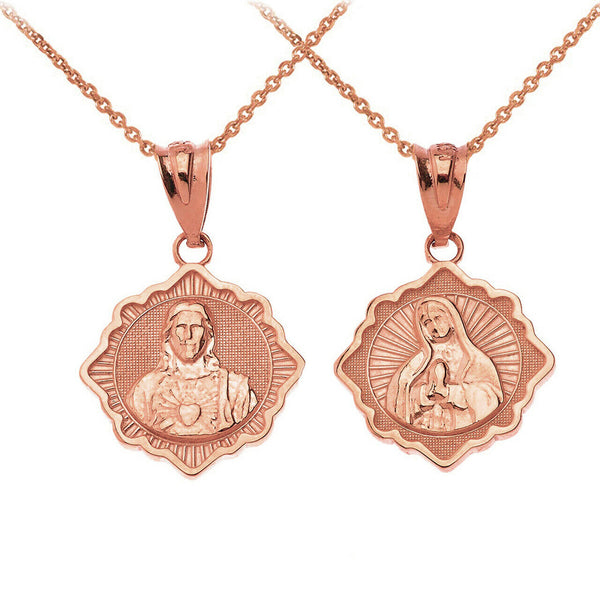 14K Solid Gold Reversible Virgin Mary and Jesus Christ Pendant Necklace