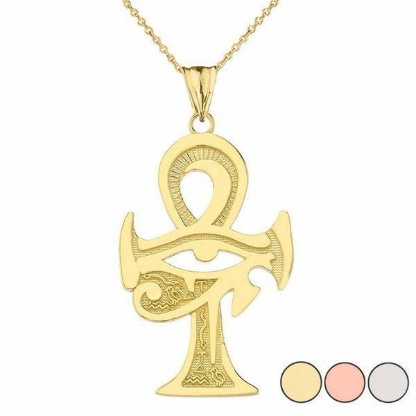 10k Solid Yellow Gold Egyptian Eye of Horus Ankh Cross Pendant Necklace