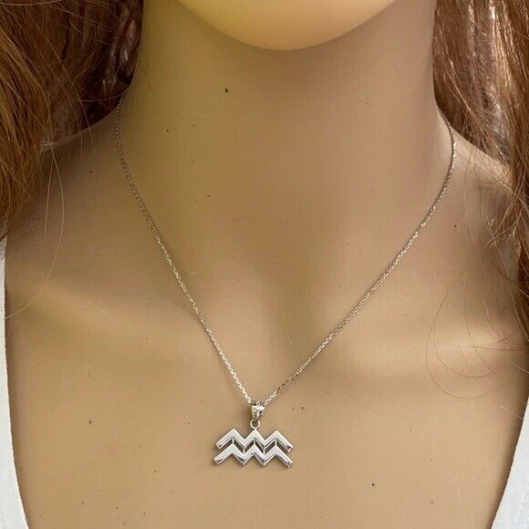 925 Sterling Silver Aquarius February Zodiac Sign Pendant Necklace