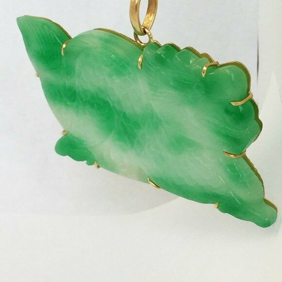 14K Solid Yellow Gold Green Jade Carved Dragon Pendant Charm XLarge