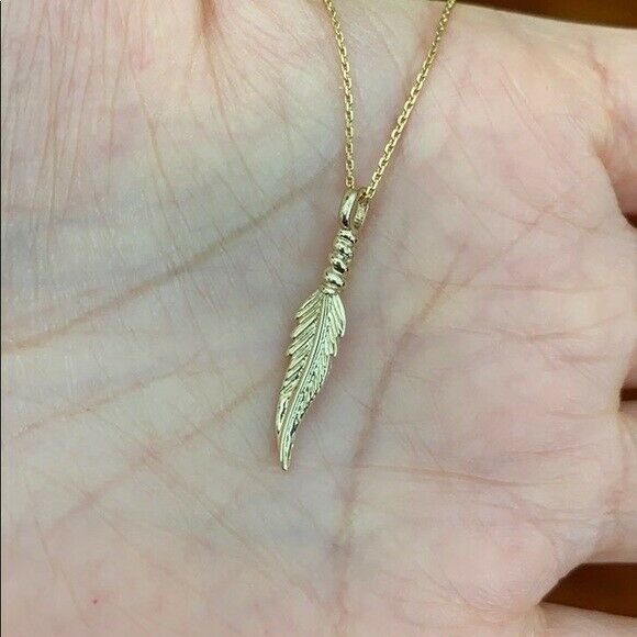 14k White Gold Solid Dainty Feather Pendant Necklace
