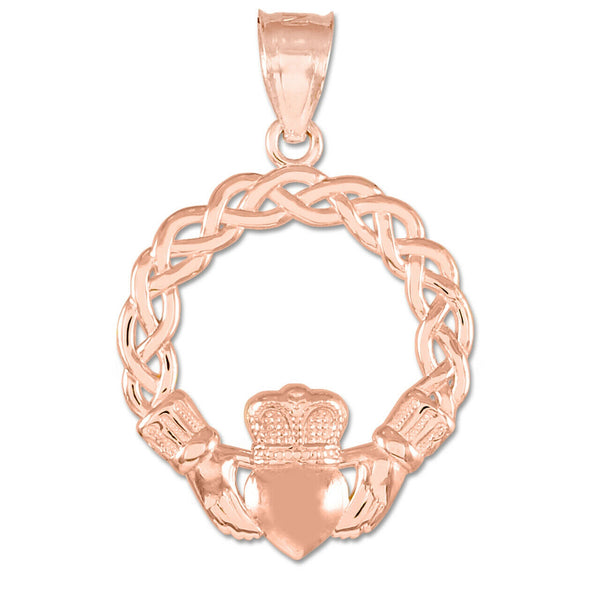 14K Solid Gold Classic Braided Claddagh Pendant Necklace - Yellow, Rose, White
