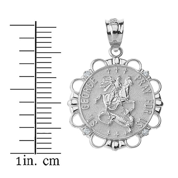 925 Sterling Silver CZ St. Saint George Pray For Us Circle Pendant Necklace