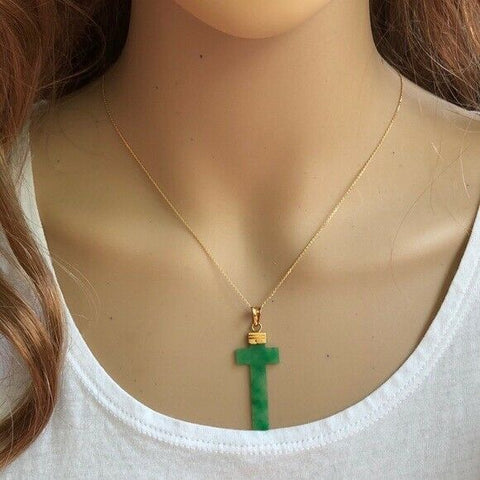 14K Solid Gold Green Jade Cross Pendant /Charm Dainty Necklace