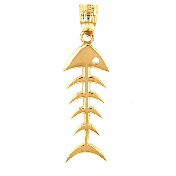 10k Solid Yellow Gold Fish Bone Skeleton Fishing Pendant Necklace