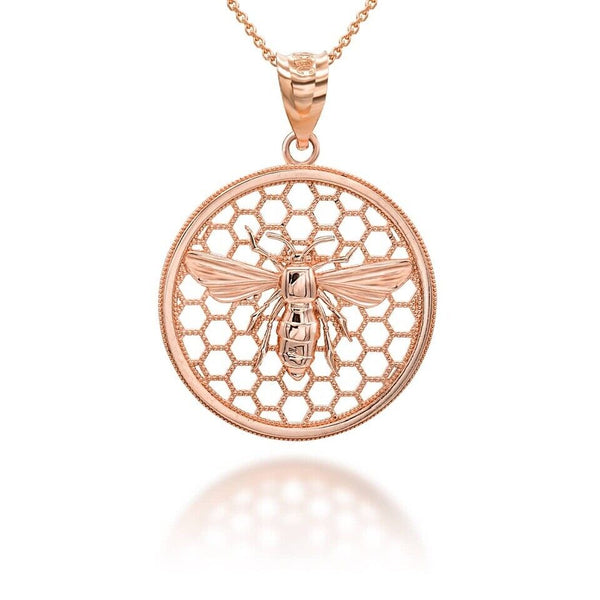 10K Solid Gold Queen Bee Honey Comb Pendant Necklace - Yellow, Rose, or White