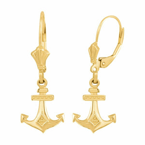 14k Real Yellow Gold Anchor Nautical Drop / Dangle Leverback Earrings