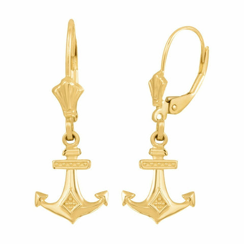 14k Real Yellow Gold Anchor Nautical Drop / Dangle Leverback Earrings