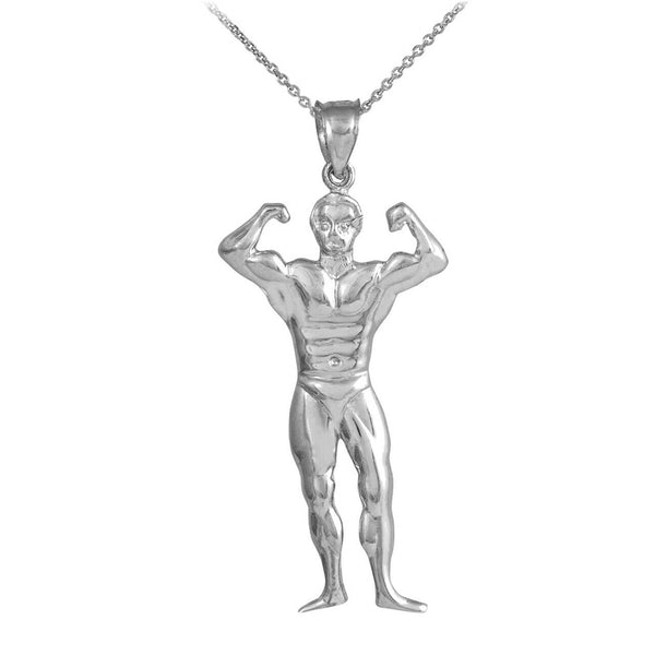 Silver Bodybuilding Mr. Olympia Flexing Sports Pendant Necklace Made in USA