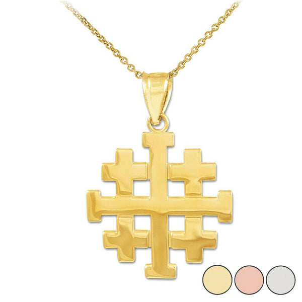 10K Solid Yellow Gold Jerusalem "Crusaders" Cross Pendant Necklace