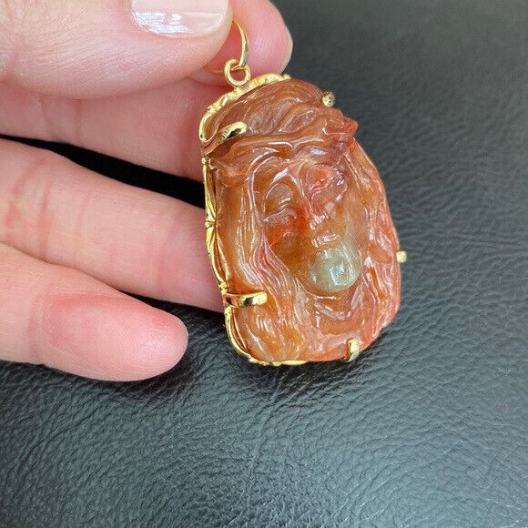 14K Real Solid Gold Red Jade Carved Jesus Christ Head Pendant Charm