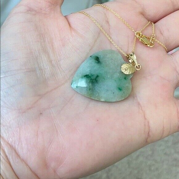 18K Solid Real Yellow Gold Genuine Natural Jadeite Heart Jade Pendant