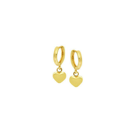 14K Solid Yellow Gold Baby Hoop Dangle Heart Earrings