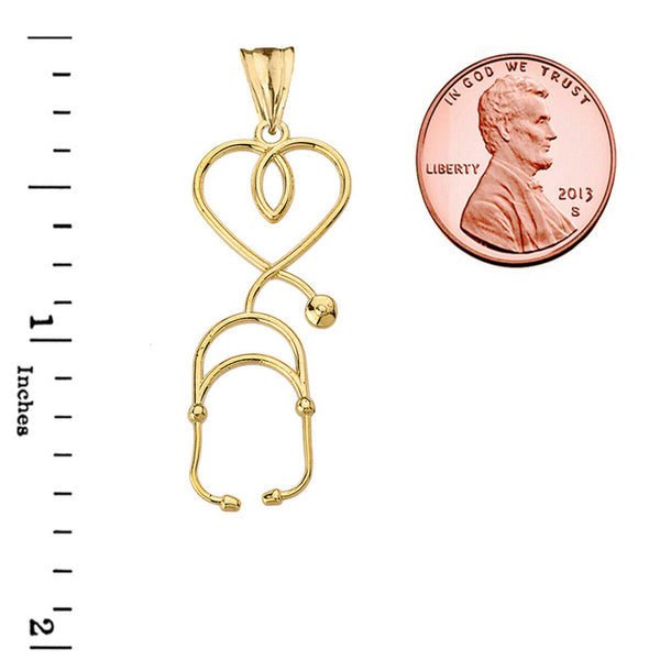 10k Solid Yellow Gold Stethoscope Heart Pendant Necklace 16" 18" 20" 22"