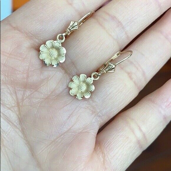 14k Solid Yellow Gold Sunflower Diamond Cut Leverback Earrings Set
