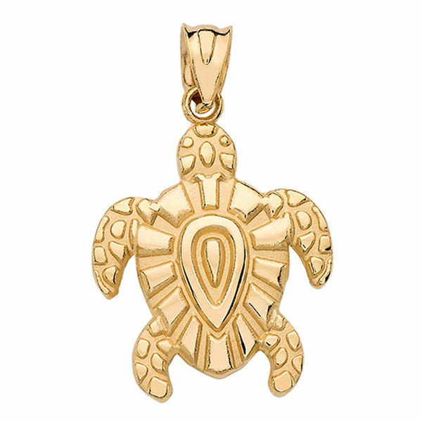 Solid 10k Yellow Gold Tribal Hawaiian Honu Green Sea Turtle Pendant Necklace