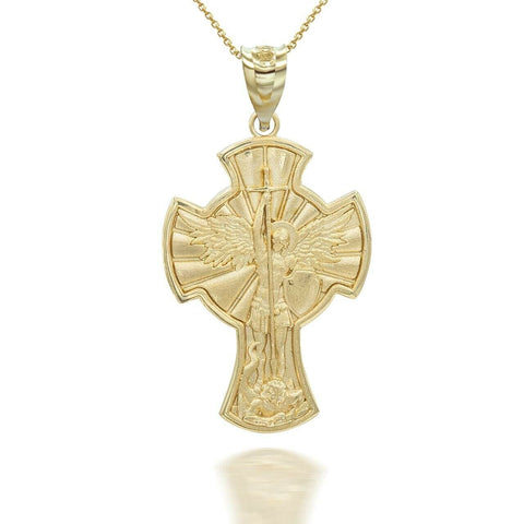 14K Solid Gold Saint Michael Medallion Cross Pendant Necklace