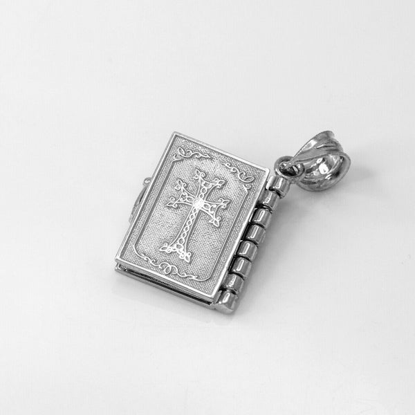 Sterling Silver 3D Armenian Holy Bible Book with Lords Prayer Pendant Necklace