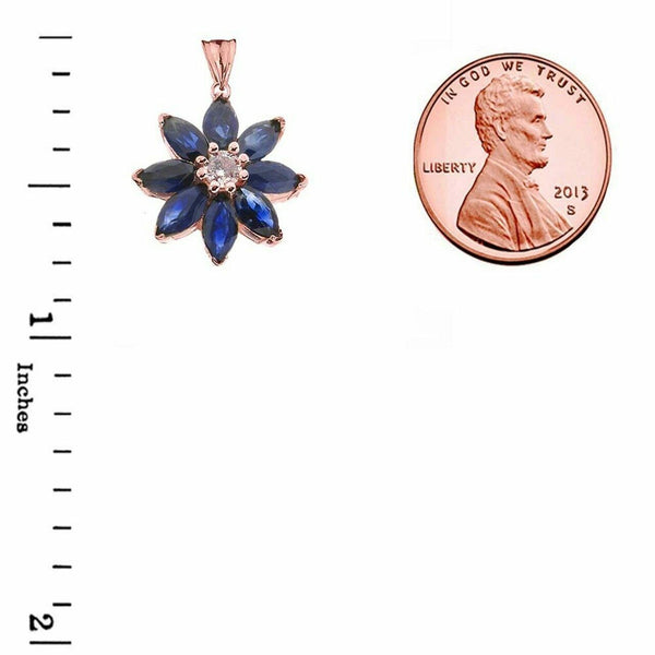 Solid 14k Rose Gold Genuine Sapphire and Diamond Daisy Pendant Necklace
