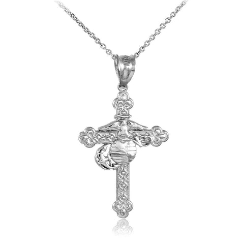 p925 Sterling Silver US Marine Christian Cross Charm Pendant Necklace