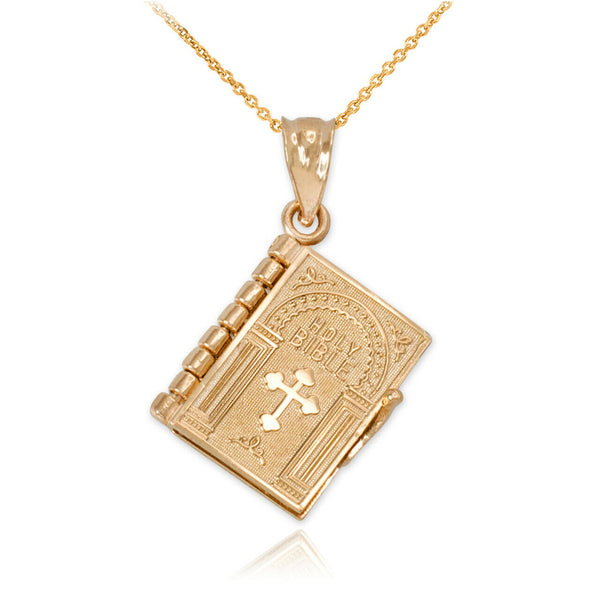 14k Solid Yellow Gold Holy Bible Book with "Our Father Prayer" Pendant Necklace