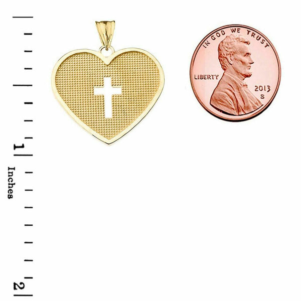 Solid Yellow Gold 10K Hammered Heart With open Cross Pendant Necklace