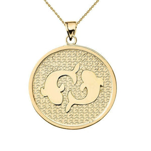 14K Solid Gold Pisces Zodiac Sign Disc Round Pendant Necklace