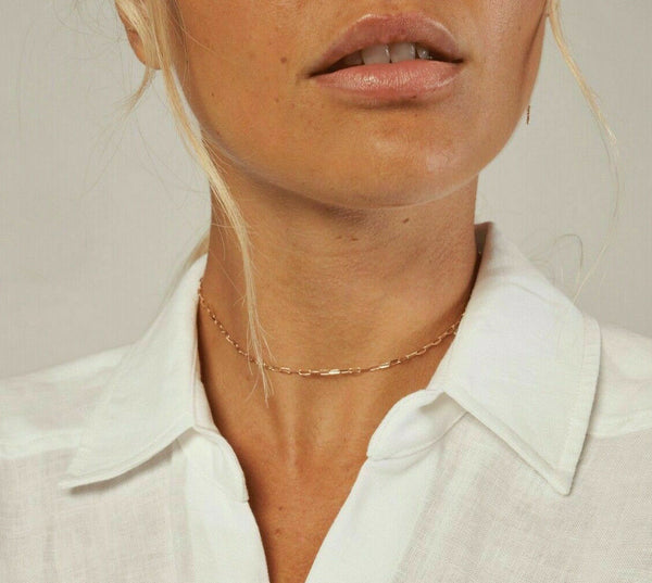 14K Solid Real Yellow Gold Choker Necklace Minimalist Adjust Paperclip Chain