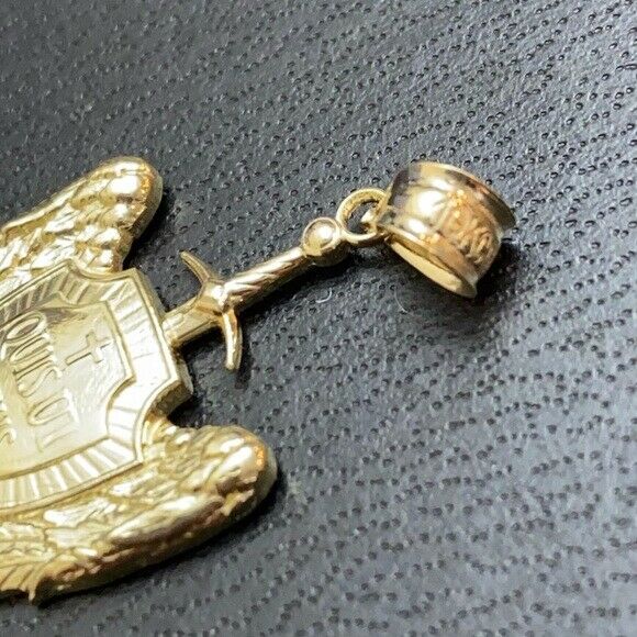 10K Solid Gold Saint Michael Sword and Shield “Quis ut Deus?" Pendant Necklace