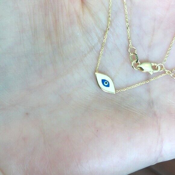 14K Solid White Gold Mini Evil Eye Cable Necklace - Minimalist Adjustable