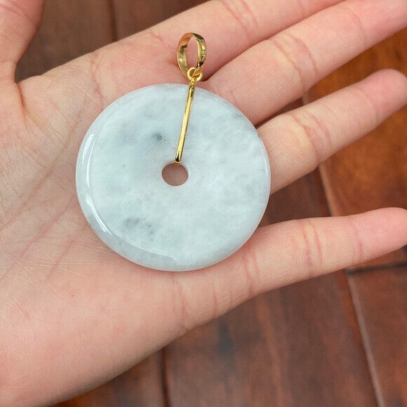 14K Solid Yellow Gold Round Large Donut Natural Jade Pendant Charm White
