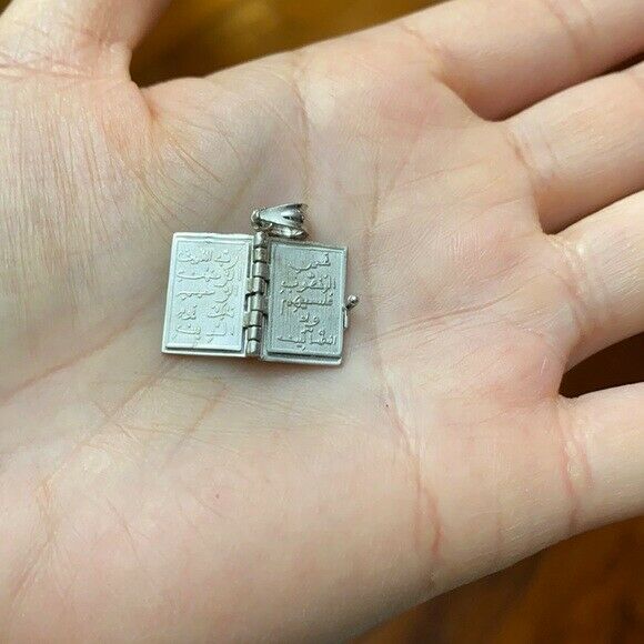 Sterling Silver 3D Moveable Koran Quran Book Text of Islam God Pendant Necklace