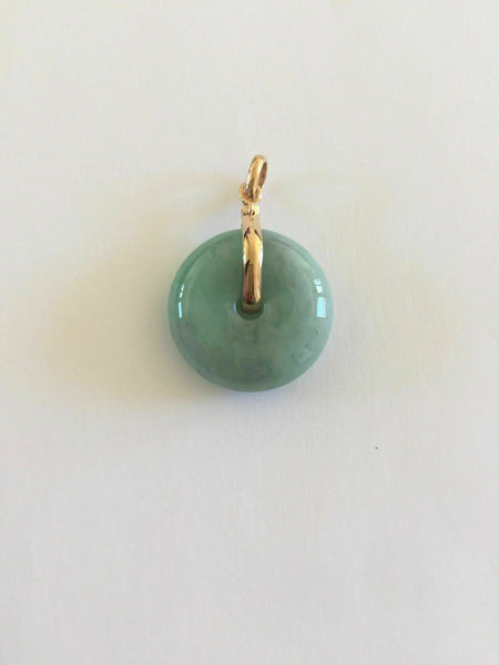 18K Solid Yellow Gold Round Donut Natural Jade Pendant Charm Light Green