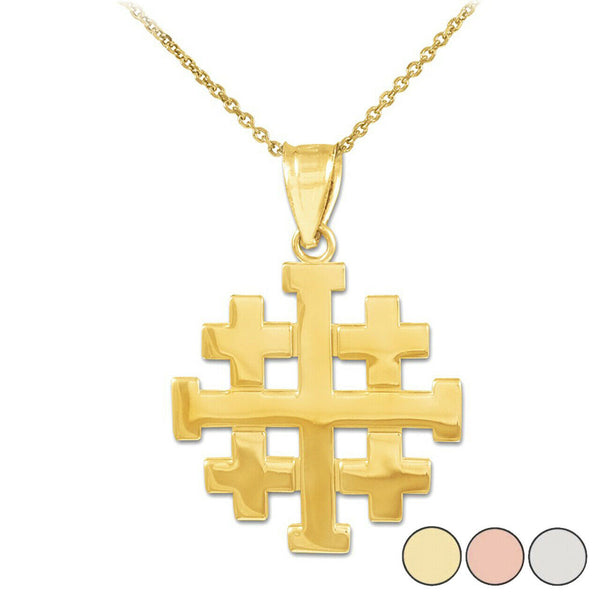 14K Solid Yellow Gold Jerusalem "Crusaders" Cross Pendant Necklace