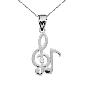 925 Sterling Silver Diamond Treble clef & Eight Note Music Pendant  Made in USA