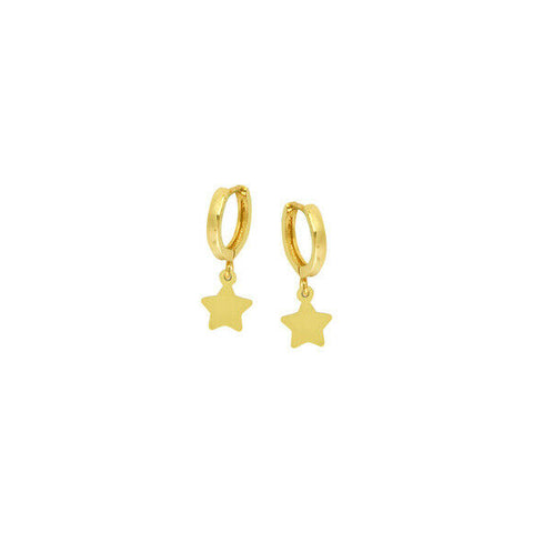 14K Solid Yellow Gold Baby 10 mm Hoop Dangle Star Earrings