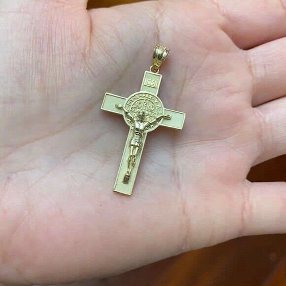 14K Solid Yellow Gold Large St. Benedict Crucifix Cross Pendant Necklace 1.6"