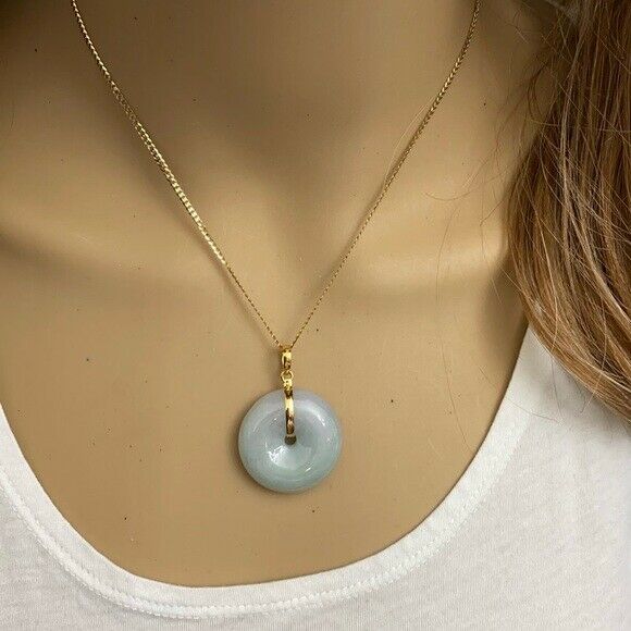 14K Solid Fine Real Yellow Gold Round Donut Natural Jadeite Jade Pendant