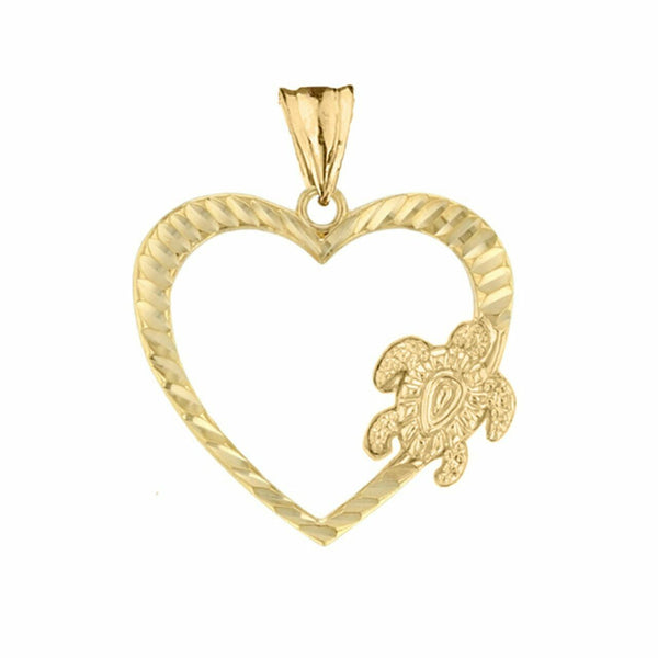 14k Solid Yellow Gold Honu Hawaiian Turtle Heart Pendant Necklace