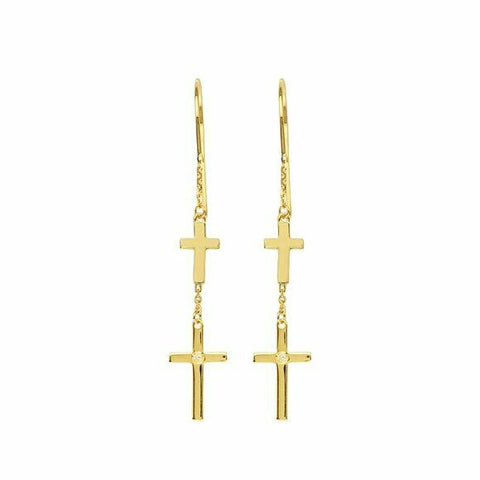 14K Solid Yellow Gold Diamond Double Cross Dangle Earrings -