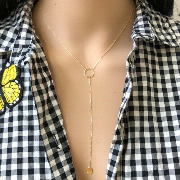 14K Solid Yellow Gold Dangle Drop Hawley St. Circle Disk Disc Lariat Necklace