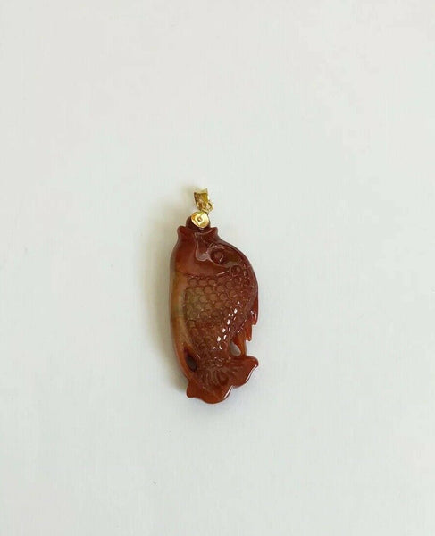 18K Yellow Gold Natural Red Jade Fish Pendant - Double Faced Jade Pendant ES4