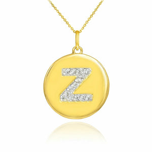 Solid 10k Yellow Gold Letter "Z" Initial Diamond Disc Charm Pendant Necklace