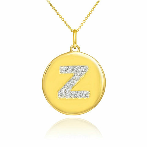 Solid 10k Yellow Gold Letter "Z" Initial Diamond Disc Charm Pendant Necklace